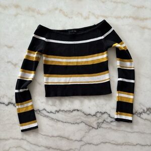 Papermoon Black and yellow striped off the shoulder crop top long sleeve